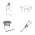 Dental sterile liquid in the jar, lips, teeth, toothpicks in the jar, medical instruments for the dentist. Dental care