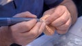 Dental technician working with dental prosthetics - close up view