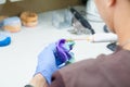 Dental technician works with a cast of teeth in the laboratory Royalty Free Stock Photo