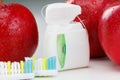 Dental teeth floss, toothbrush and apple Royalty Free Stock Photo