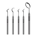 Dental tools black silhouettes. Dentist instrument mouth mirror, plugger, vector