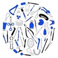 Dental tools and instruments set in doodle style.Line art banner.Orthodontic prosthetics and filling,drill bit