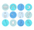 Dental tools and instruments set in doodle style.Medical blog.Round hand drawn highlights for social media in doodle style.