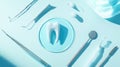 Dental Tools and Tooth Model Displayed on Light Blue Background Royalty Free Stock Photo