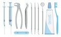 Dental tools. Mouth mirror, scaler, tooth extracting forceps, pliers, scissors. Dental and tooth healthcare equipment. Dentist