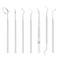 Dental tools stainless steel realistic set. Mouth mirror, tweezers, probe, sickle scaler, sharp needle.