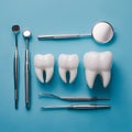 Dental tools and teeth models on light blue background Royalty Free Stock Photo