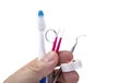 Dental tools with toothbrush interdental pick and floss. Royalty Free Stock Photo