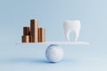 Dental tooth and golden coin on balancing scale on blue background. Health care and financial concept. Money-saving and cash flow