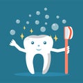Dental Tooth Mascot Cartoon Character with Toothbrush. Flat vector illustration