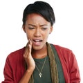 Dental, toothache and oral hygiene with a black woman touching her mouth in studio isolated on a white background Royalty Free Stock Photo