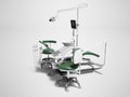 Dental unit green leather chair of dentist doctor and assistants chair 3d render on gray background with shadow