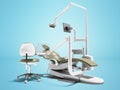 Dental unit olive chair doctor dentist and assistants chair 3d render on blue background with shadow