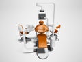 Dental unit orange leather chair of dentist doctor and high chair assistant front view 3d render on gray background with shadow