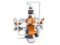 Dental unit orange leather chair of dentist doctor and high chair assistant front view 3d render on white background with shadow