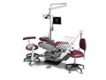 Dental unit red leather chair of dentist and assistants chair 3d render on white background with shadow