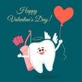 Cartoon tooth Cupid with bow, arrows and balloon heart. Happy Valentine`s Day! Greeting from dentistry