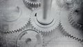 Dented steel grunge glossy gears industrial cogs and technologic digital circuits Royalty Free Stock Photo