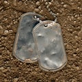 Dented and worn blank military dog tags in dirt Royalty Free Stock Photo