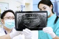 Dentist and assistant analysing x-ray at dental clinic Royalty Free Stock Photo