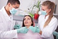 Dentist assistant preparing a syringe anesthetize Royalty Free Stock Photo