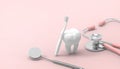 Dentist background Concept and White healthy tooth with different Big tools for dental care on pink Royalty Free Stock Photo