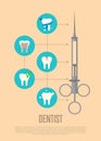 Dentist banner with syringe and tooth symbols