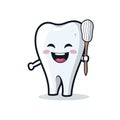 Dentist brand logo: Cute and funny smiling healthy happy tooth holding a toothbrush. Cartoon style on white background. Close-up. Royalty Free Stock Photo