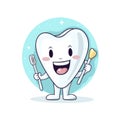 Dentist brand logo: Cute and funny smiling healthy happy tooth holding a toothbrush. Cartoon style on white background. Royalty Free Stock Photo