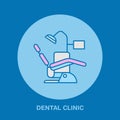 Dentist chair, orthodontics line icon. Dental care equipment sign, medical elements. Health care thin linear symbol