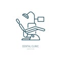 Dentist chair, orthodontics line icon. Dental care equipment sign, medical elements. Health care thin linear symbol for