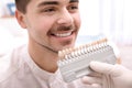 Dentist checking young man`s teeth color Royalty Free Stock Photo