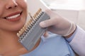 Dentist checking young woman`s teeth color in clinic, closeup Royalty Free Stock Photo