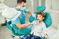 Dentist checks the child`s teeth