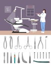 Dentist clinic interior vector illustration flat style. Dental tools on white background. Nurse in hospital Royalty Free Stock Photo