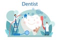 Dentist concept. Dental doctor in uniform treating human teeth using