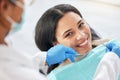 Dentist, dental care and teeth smile of a woman with tools and hands of a professional by mouth. Portrait of a female Royalty Free Stock Photo