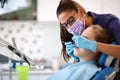 Dentist in dental ordination with girl in dental chair Royalty Free Stock Photo