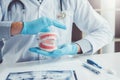 Dentist with denture learning how to teeth At dentistÃâs office