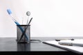 Dentist desk with office and dental supplies front view isolated Royalty Free Stock Photo