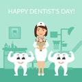 Dentist doctor with a bouquet of flowers. Two healthy beautiful white teeth. Greeting card. International day of the