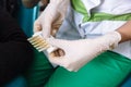 Dentist doctor hand holding medical tools in dental office. Concept of healthy Royalty Free Stock Photo