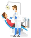 Dentist with equipment examining teeth. Patient lying in dental chair. People on white background