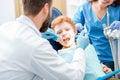 Dentist examinating boy`s teeth