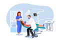 Dentist examines patient in dentist chair. Woman visits orthodontist at modern dental clinic. Vector flat illustration