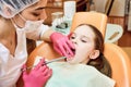 Pediatric dentistry. Dentist treats teeth of little girl