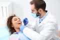 Dentist examining African-American woman`s teeth with mirror Royalty Free Stock Photo