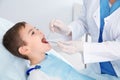 Dentist examining cute boy`s teeth