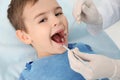 Dentist examining cute boy`s teeth