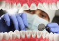 Dentist examining patient teeth, Inside mouth view. Soft focus Royalty Free Stock Photo
